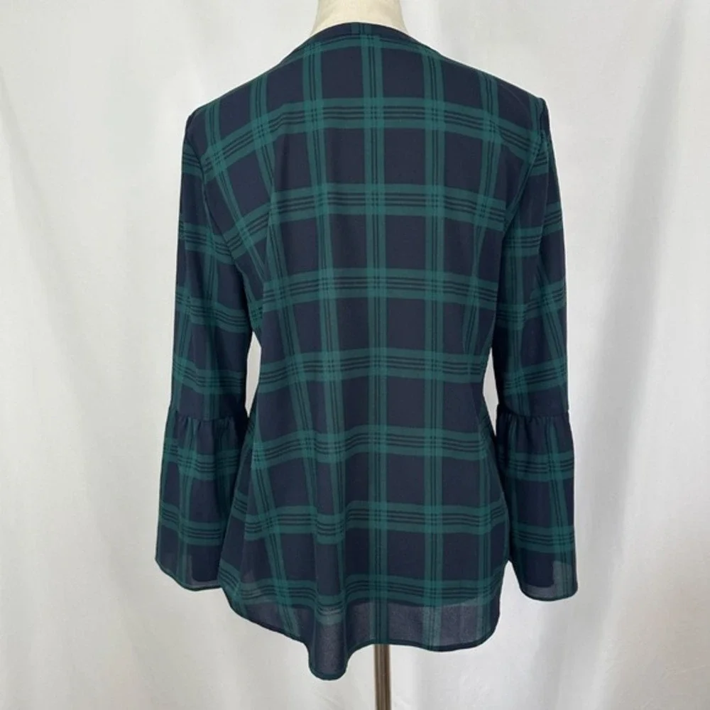 J.Crew Plaid Blouse Bell Sleeve Top V-Neck Career Casual Green Blue Women Medium